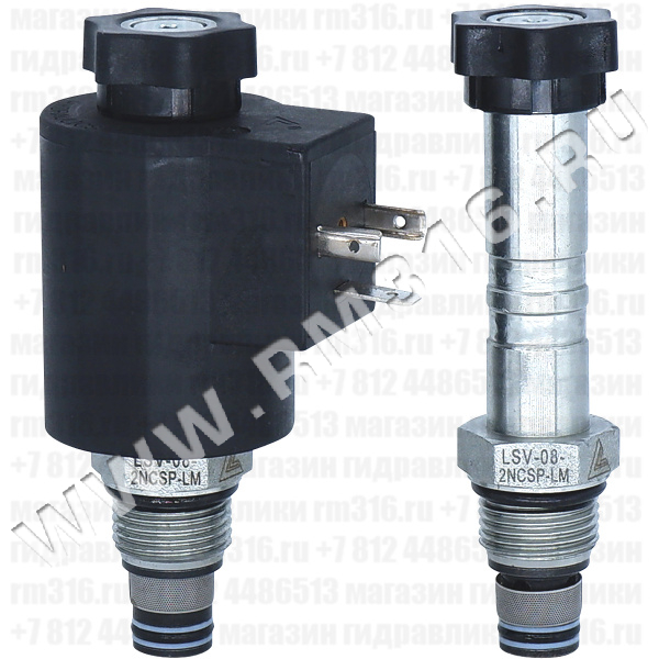 LSV-08-2NCSP-LM Двухлинейный гидравлический клапан (гидроклапан) картриджного (ввертного) исполнения, с электромагнитным управлением, нормально закрытый, тарельчатого типа прямого действия, гнездо SAE8/2 (SAE 08), резьба 3/4-16 UNF-2A, 18,9 л/мин, 250 бар, дублирующее ручное управление (Keta Hydraulics, Китай)