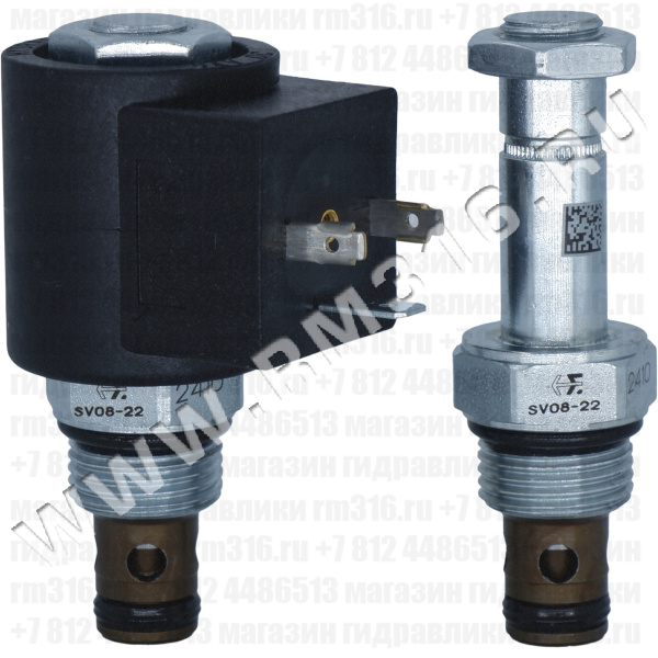 SV08-22-0-N-00 (5000003) Двухлинейный гидравлический клапан (гидроклапан) картриджного (ввертного) исполнения, с электромагнитным управлением, нормально закрытый, тарельчатого типа с пилотным управлением, гнездо SAE8/2 (SAE 08), резьба 3/4-16 UNF-2A, 27 л/мин, 207 бар (HydraForce, США)