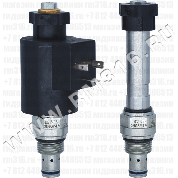 LSV-08-2NOSP-LM Двухлинейный гидравлический клапан (гидроклапан) картриджного (ввертного) исполнения, с электромагнитным управлением, нормально открытый, тарельчатого типа прямого действия, гнездо SAE8/2 (SAE 08), резьба 3/4-16 UNF-2A, 15 л/мин, 280 бар, дублирующее ручное управление (Keta Hydraulics, Китай)