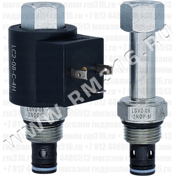 LSV2-08-2NOP-M Двухлинейный гидравлический клапан (гидроклапан) картриджного (ввертного) исполнения, с электромагнитным управлением, нормально открытый, тарельчатого типа с пилотным управлением, гнездо SAE8/2 (SAE 08), резьба 3/4-16 UNF-2A, 37,9 л/мин, 207 бар, дублирующее ручное управление (Keta Hydraulics, Китай)