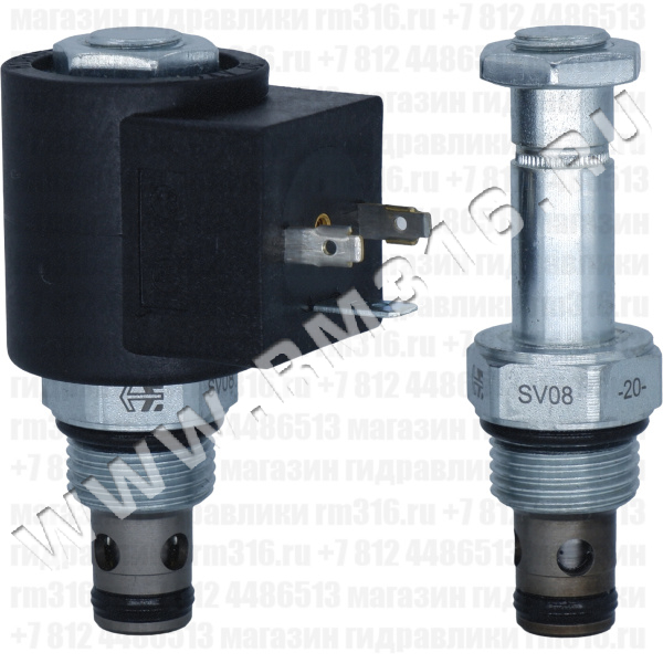 SV08-20 SV08-20-0-N-00 (5000008) Двухлинейный гидравлический клапан (гидроклапан) картриджного (ввертного) исполнения, с электромагнитным управлением, нормально закрытый, тарельчатого типа с пилотным управлением, гнездо SAE8/2 (SAE 08), резьба 3/4-16 UNF-2A, 23 л/мин, 207 бар (HydraForce, США)