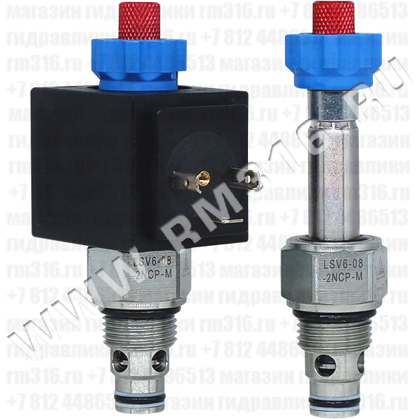 LSV6-08-2NCP-M Двухлинейный гидравлический клапан (гидроклапан) картриджного (ввертного) исполнения, с электромагнитным управлением, нормально закрытый, тарельчатого типа с пилотным управлением, гнездо SAE8/2 (SAE 08), резьба 3/4-16 UNF-2A, 50 л/мин, 350 бар, дублирующее ручное управление (Keta Hydraulics, Китай)