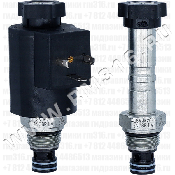 LSV-M20-2NCSP-LM-2ER Двухлинейный гидравлический клапан (гидроклапан) картриджного (ввертного) исполнения, с электромагнитным управлением, нормально закрытый, тарельчатого типа прямого действия, гнездо HYDAC 06020, резьба M20x1,5, 18,9 л/мин, 250 бар, дублирующее ручное управление, электромагнитная катушка 24 В (DC) SC-10-C-2XER, коннектор Deutsch DT04-2P (Keta Hydraulics, Китай)